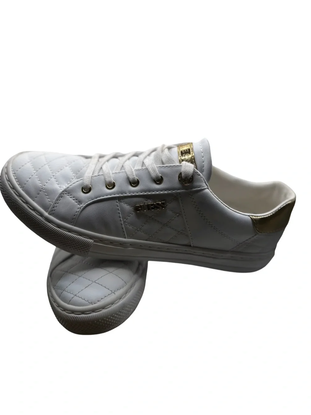 GUESS White Quilted Sneakers with Gold Accents